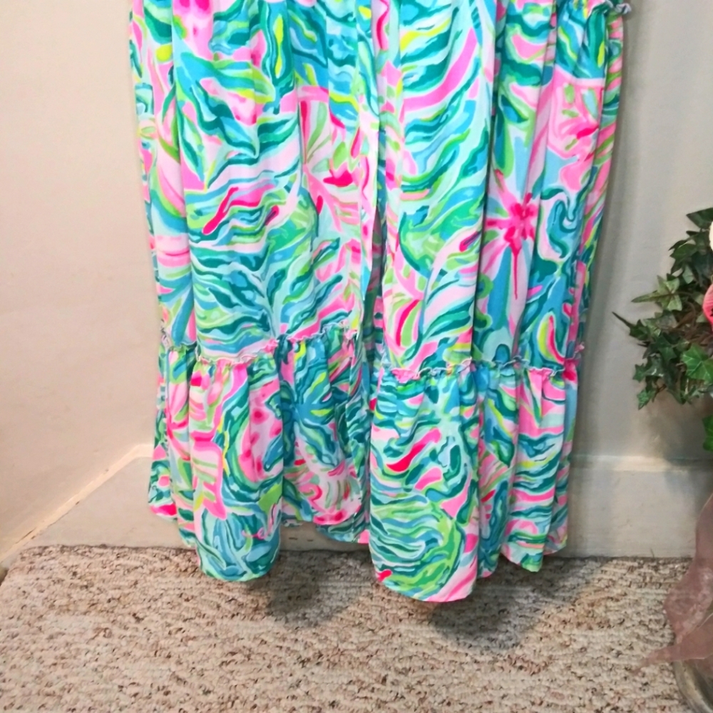 Lilly Pulitzer Luliana One In A Melon Blue Green & Pink Flowy Ruffled Maxi Dress - Picture 3 of 9
